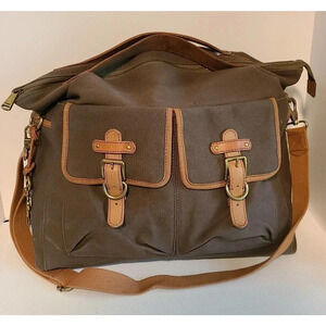 FOSSIL DUFFEL 1954 LONG LIVE VINTAGE LEATHER GREEN CANVAS MILITARY STYLE BAG LG
